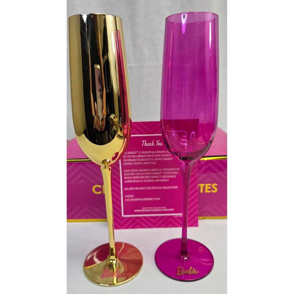 Barbie x Dragon Glassware Champagne Flutes Set of 2 Gold and Pink LimitedEdition - Picture 14 of 16